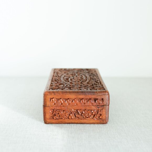 Vintage Hand Carved Wooden Jewelry Trinket Memorial Box Himalayan Jungle Wood - Picture 8 of 16